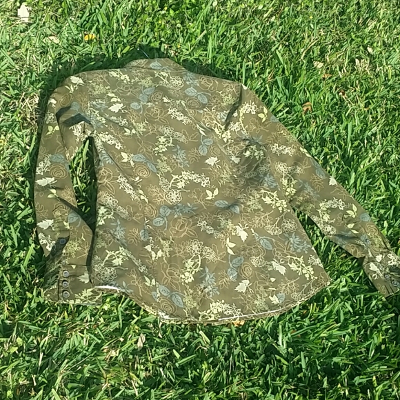 Olive Green Floral Print Button Down Shirt Size S - Picture 5 of 8